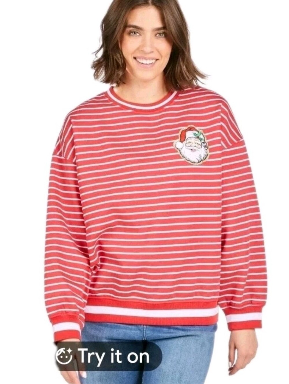 Simply Southern Santa Crew Varsity Sweatshirt Red Striped Santa Baby Size Medium